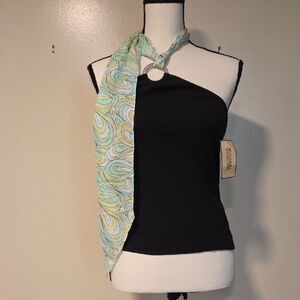 Vintage Michael Kors Black Halter Top with Blue And Green Swirl Scarf Detail